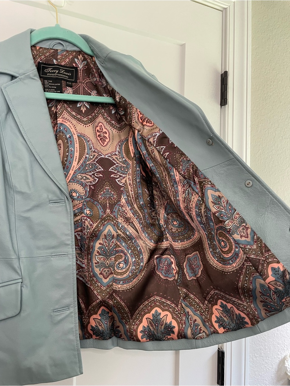 Vintage Terry Lewis Powder Seafoam Blue 100% Leather Blazer Tailored Jacket PXS - Picture 9 of 11